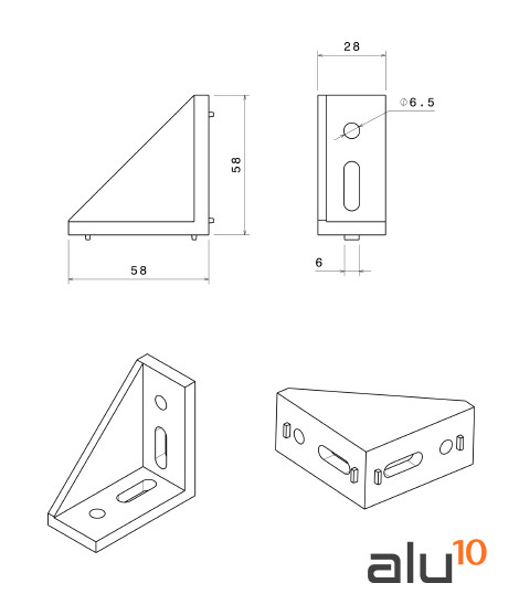 Escuadra Aluminio 58x58x28 Dimensiones