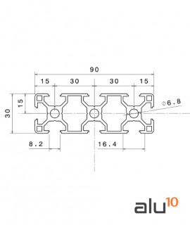 Perfil Aluminio Ranurado 3090 - dimensiones
